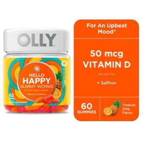 OLLY Hello Happy Gummy Worms, Mood Balance Support Supplement, Vitamin D, Tropical, 60 Count (Brand: OLLY)